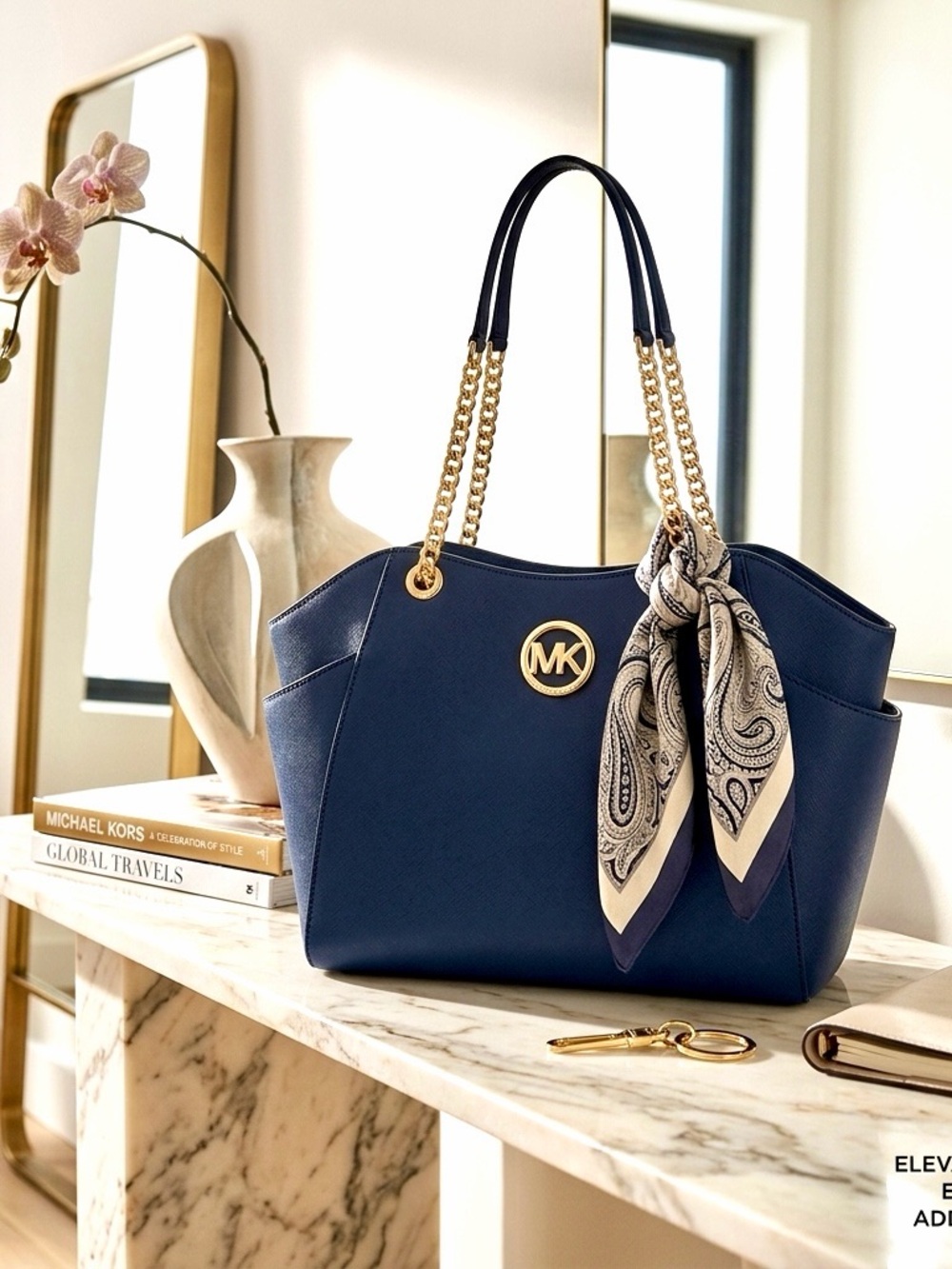 Michael Kors Navy Saffiano Leather Jet Set Shoulder Bag Gold Chain Tote NWT